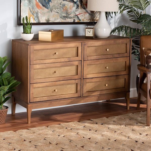 Baxton Studio Ramiel MidCentury Modern Ash Walnut Finished Wood and Rattan 6Drawer Dresser - 215-12427-ZORO