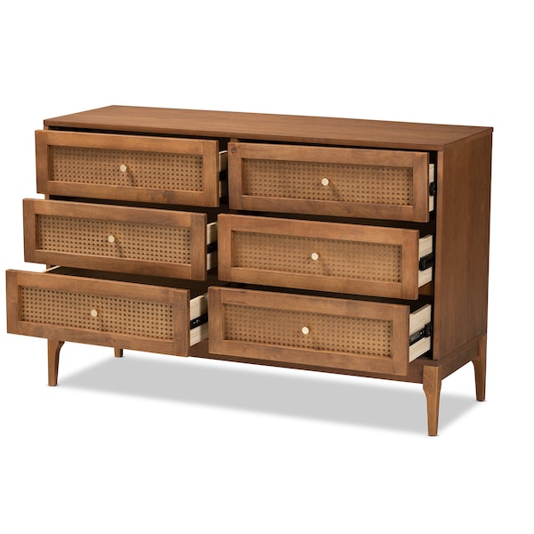 Baxton Studio Ramiel MidCentury Modern Ash Walnut Finished Wood and Rattan 6Drawer Dresser - 215-12427-ZORO