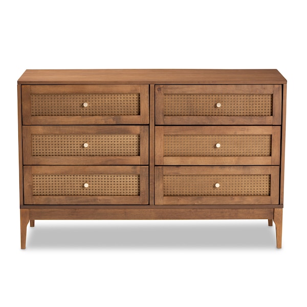 Baxton Studio Ramiel MidCentury Modern Ash Walnut Finished Wood and Rattan 6Drawer Dresser - 215-12427-ZORO