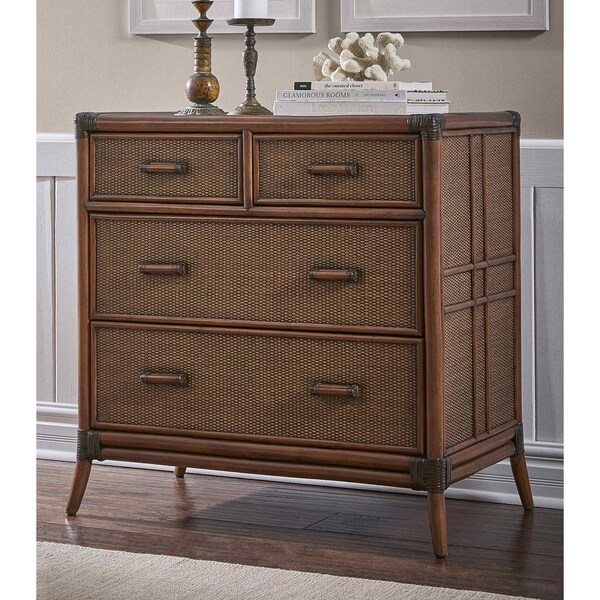 Hospitality Rattan Home Palm Cove 4-Drawer Split Chest with Glass - 1102-5646-ATQ-GL
