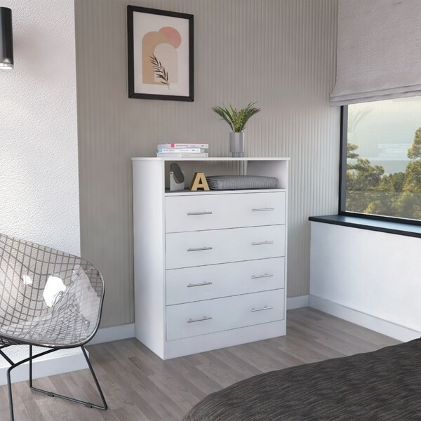 Tuhome Peru L Four Drawer Dresser, Superior Top, One Open Shelf, White - CLB6744