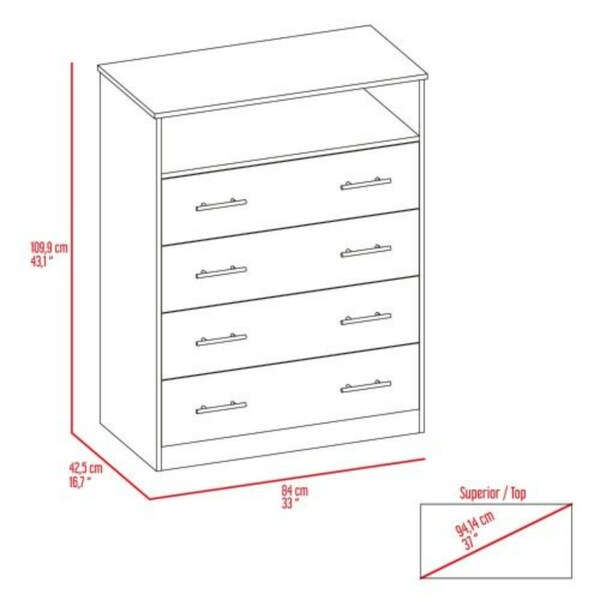 Tuhome Peru L Four Drawer Dresser, Superior Top, One Open Shelf, White - CLB6744