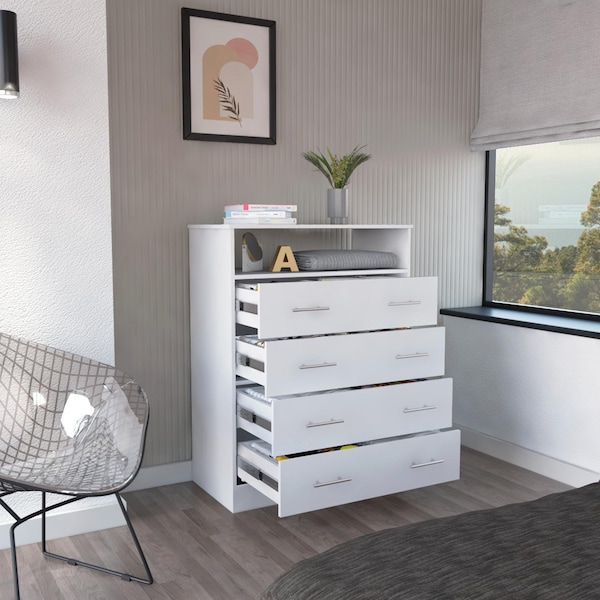 Tuhome Peru L Four Drawer Dresser, Superior Top, One Open Shelf, White - CLB6744