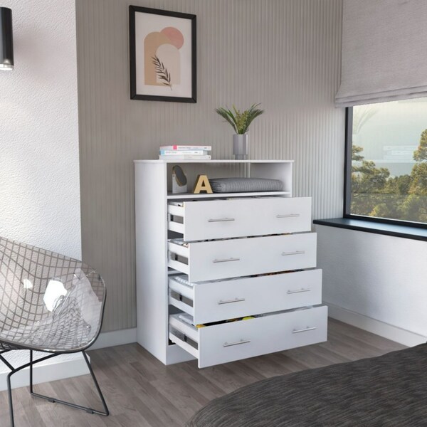 Tuhome Peru L Four Drawer Dresser, Superior Top, One Open Shelf, White - CLB6744