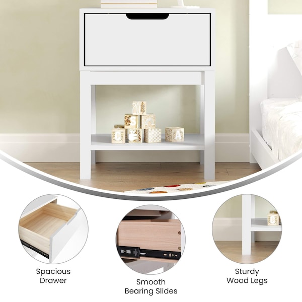 Flash Furniture Dallas Wooden Night Stand, Bedroom Side Table with Storage Drawer and Shelf for Kids in White - MG-9007-1-NS-WH-GG