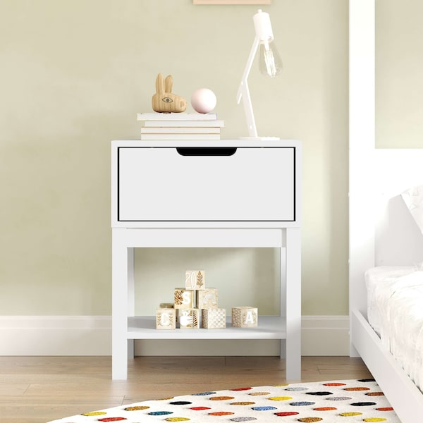 Flash Furniture Dallas Wooden Night Stand, Bedroom Side Table with Storage Drawer and Shelf for Kids in White - MG-9007-1-NS-WH-GG