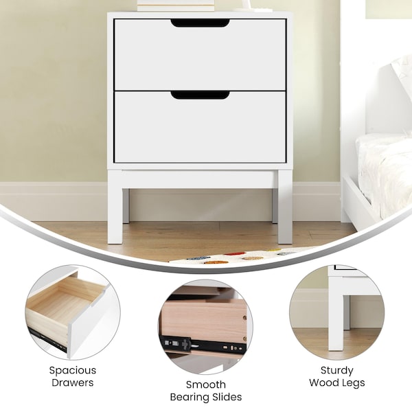Flash Furniture Dallas Wooden Night Stand, Bedroom Side Table with 2 Storage Drawers for Kids in White - MG-9007-1-2NS-WH-GG