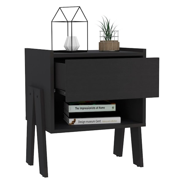 Tuhome Joy Nightstand, Four Legs, One Open Shelf, One Drawer, Black - MLW7150