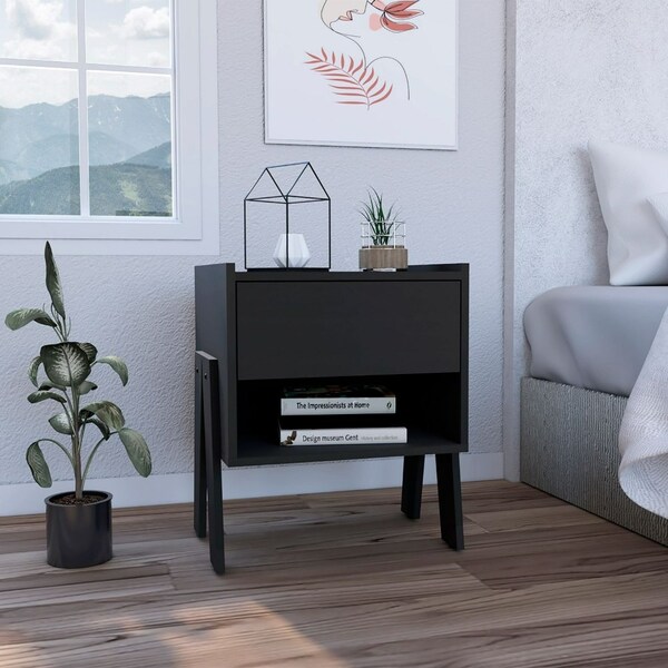 Tuhome Joy Nightstand, Four Legs, One Open Shelf, One Drawer, Black - MLW7150