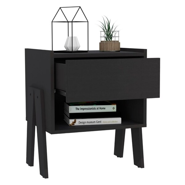 Tuhome Joy Nightstand, Four Legs, One Open Shelf, One Drawer, Black - MLW7150