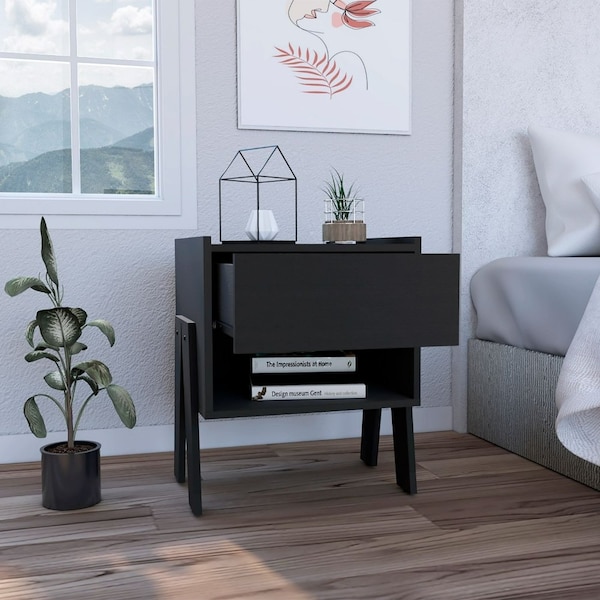 Tuhome Joy Nightstand, Four Legs, One Open Shelf, One Drawer, Black - MLW7150