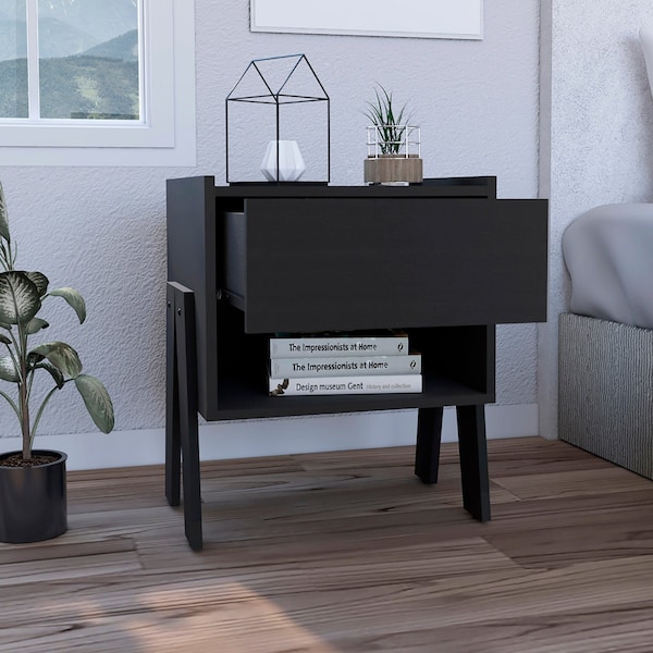 Tuhome Joy Nightstand, Four Legs, One Open Shelf, One Drawer, Black - MLW7150