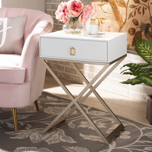 Baxton Studio Patricia White Finished Wood and Brass-Tone Metal 1-Drawer Nightstand - 167-10709