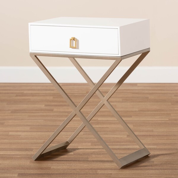 Baxton Studio Patricia White Finished Wood and Brass-Tone Metal 1-Drawer Nightstand - 167-10709