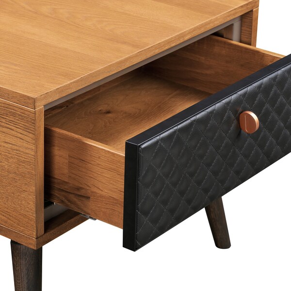 Armen Living Coco Rustic Single Drawer Oak Wood and Faux Leather Nightstand - LCCOLABAL