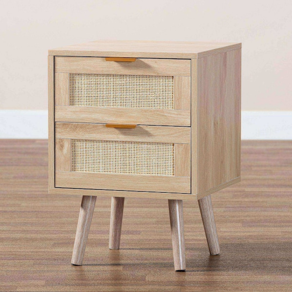 Baxton Studio Baird Mid-Century Modern Light Oak Brown Finished Wood and Rattan 2-Drawer Nightstand - 176-11249-ZORO