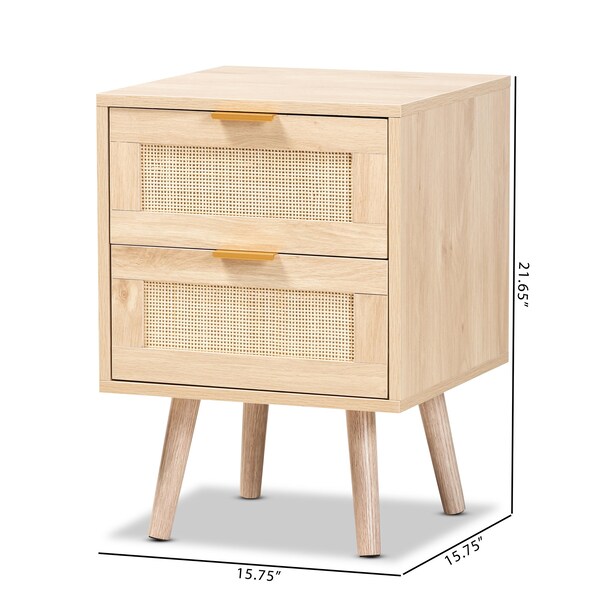Baxton Studio Baird Mid-Century Modern Light Oak Brown Finished Wood and Rattan 2-Drawer Nightstand - 176-11249-ZORO