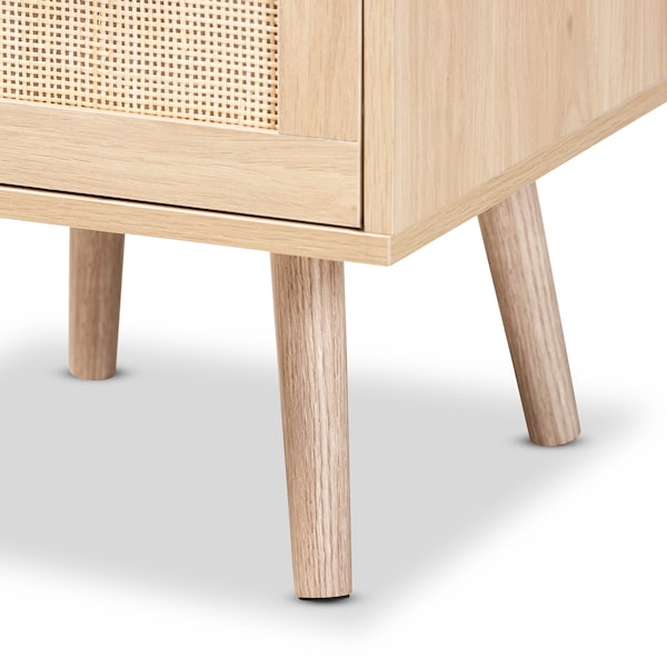 Baxton Studio Baird Mid-Century Modern Light Oak Brown Finished Wood and Rattan 2-Drawer Nightstand - 176-11249-ZORO