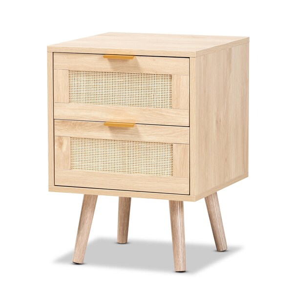 Baxton Studio Baird Mid-Century Modern Light Oak Brown Finished Wood and Rattan 2-Drawer Nightstand - 176-11249-ZORO