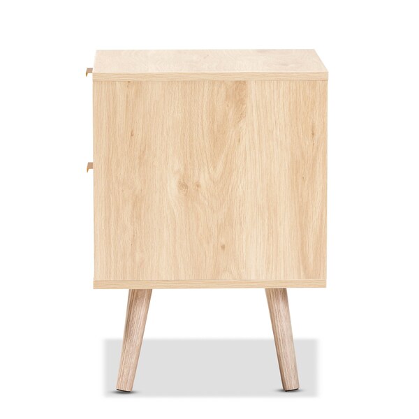Baxton Studio Baird Mid-Century Modern Light Oak Brown Finished Wood and Rattan 2-Drawer Nightstand - 176-11249-ZORO
