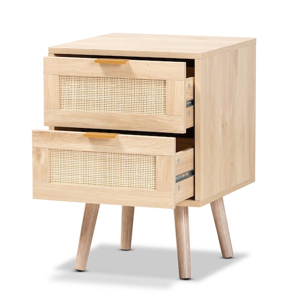Baxton Studio Baird Mid-Century Modern Light Oak Brown Finished Wood and Rattan 2-Drawer Nightstand - 176-11249-ZORO