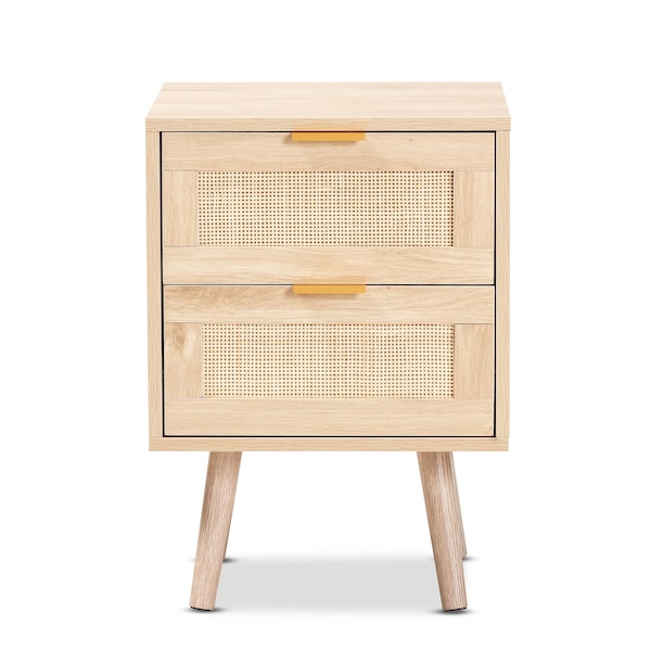 Baxton Studio Baird Mid-Century Modern Light Oak Brown Finished Wood and Rattan 2-Drawer Nightstand - 176-11249-ZORO