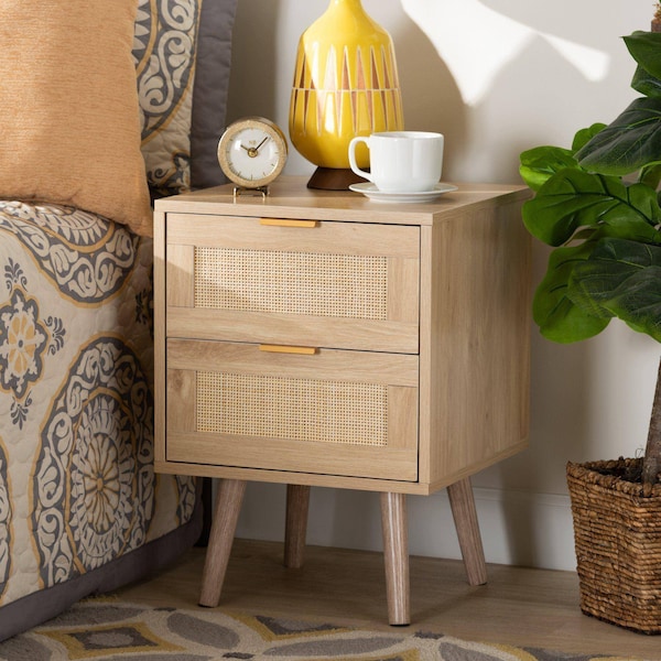 Baxton Studio Baird Mid-Century Modern Light Oak Brown Finished Wood and Rattan 2-Drawer Nightstand - 176-11249-ZORO