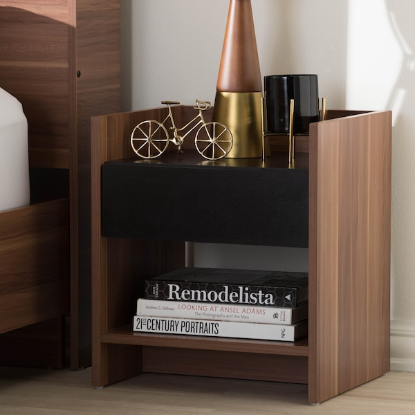 Baxton Studio Vanda Modern Two-Tone Walnut and Black Wood 1-Drawer Nightstand - 138-7715