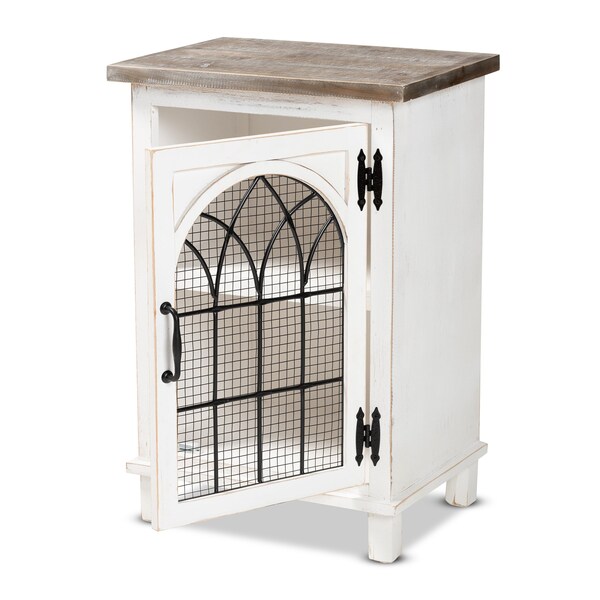 Baxton Studio Faron Traditional Farmhouse Two-Tone Distressed Wood 1-Door End Table-White/Oak Brown - 188-11728-ZORO
