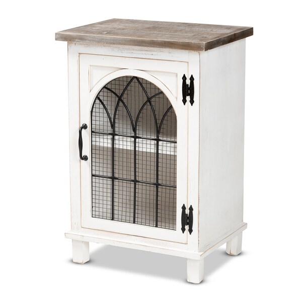 Baxton Studio Faron Traditional Farmhouse Two-Tone Distressed Wood 1-Door End Table-White/Oak Brown - 188-11728-ZORO