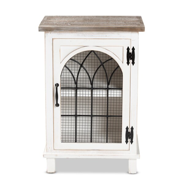 Baxton Studio Faron Traditional Farmhouse Two-Tone Distressed Wood 1-Door End Table-White/Oak Brown - 188-11728-ZORO