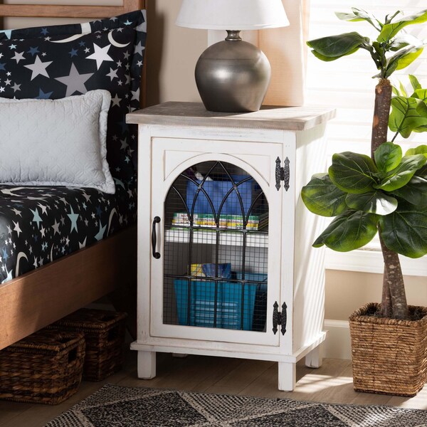 Baxton Studio Faron Traditional Farmhouse Two-Tone Distressed Wood 1-Door End Table-White/Oak Brown - 188-11728-ZORO