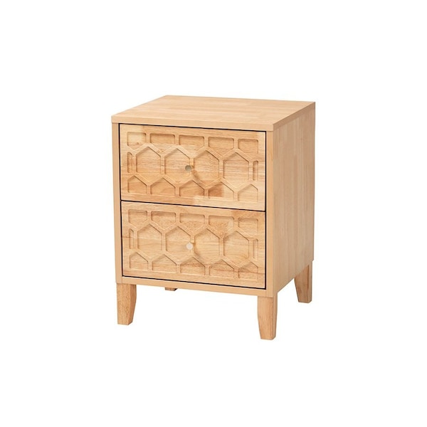 Baxton Studio Hosea Japandi Carved Honeycomb Natural 2-Drawer Nightstand - 246-13627-ZORO