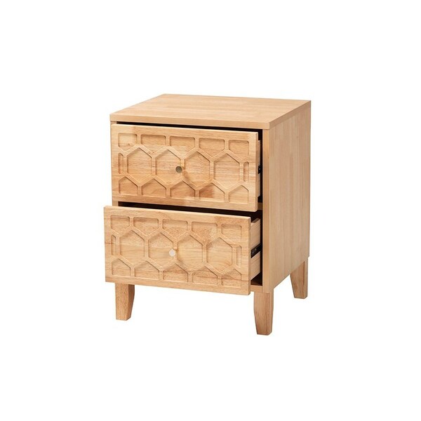 Baxton Studio Hosea Japandi Carved Honeycomb Natural 2-Drawer Nightstand - 246-13627-ZORO