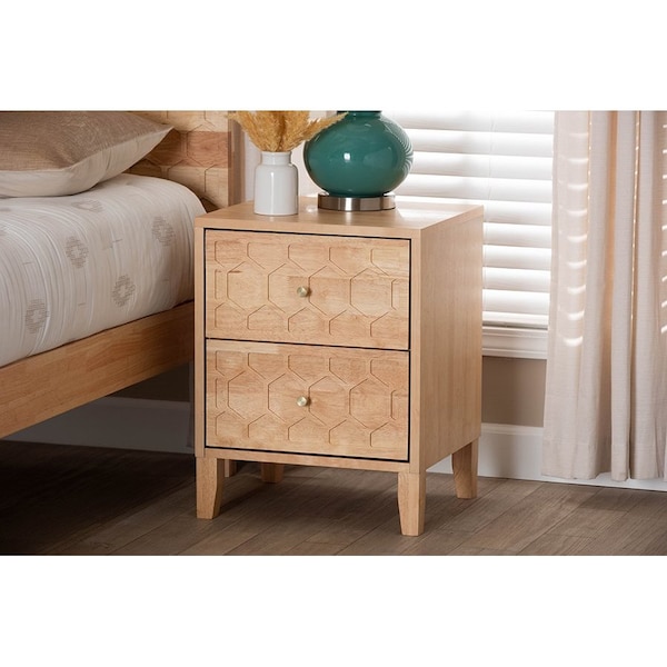 Baxton Studio Hosea Japandi Carved Honeycomb Natural 2-Drawer Nightstand - 246-13627-ZORO
