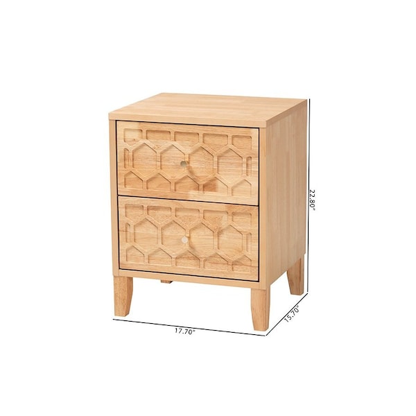 Baxton Studio Hosea Japandi Carved Honeycomb Natural 2-Drawer Nightstand - 246-13627-ZORO