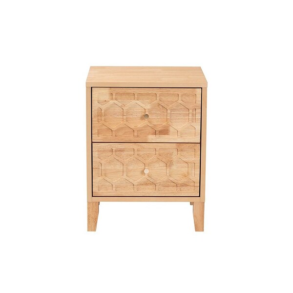Baxton Studio Hosea Japandi Carved Honeycomb Natural 2-Drawer Nightstand - 246-13627-ZORO