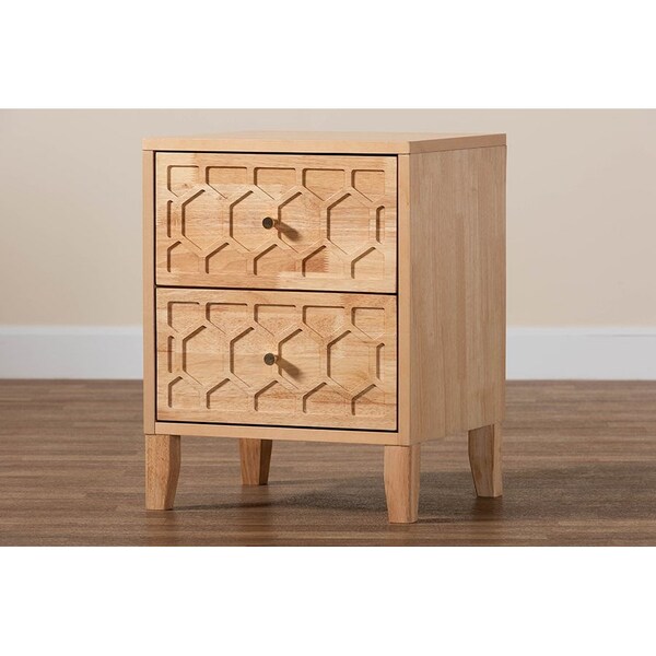 Baxton Studio Hosea Japandi Carved Honeycomb Natural 2-Drawer Nightstand - 246-13627-ZORO