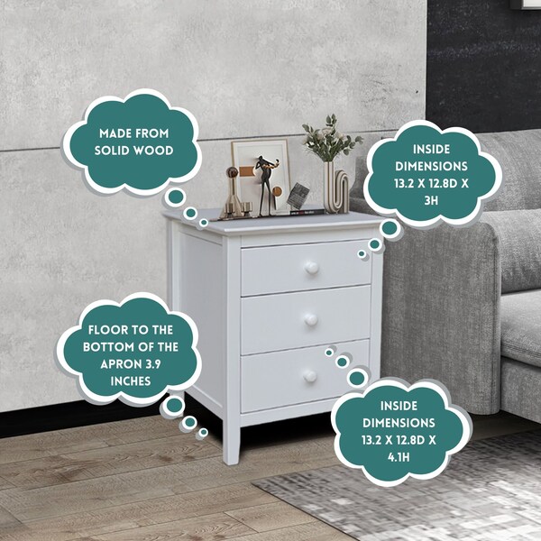 International Concepts Solid Wood Bedroom Nightstand with 3 Drawers, White - BD08-8013