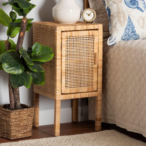 Baxton Studio Vivan Modern Bohemian Natural Brown Rattan 1Door Nightstand - 211-12755-ZORO