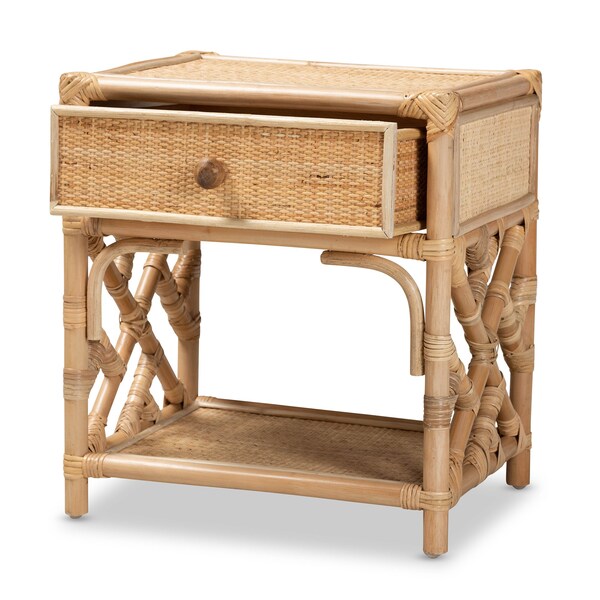 Baxton Studio Camara Modern Bohemian Natural Brown Rattan 1-Drawer Nightstand - 208-12689