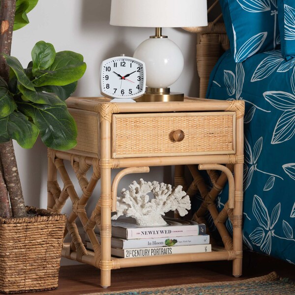 Baxton Studio Camara Modern Bohemian Natural Brown Rattan 1-Drawer Nightstand - 208-12689