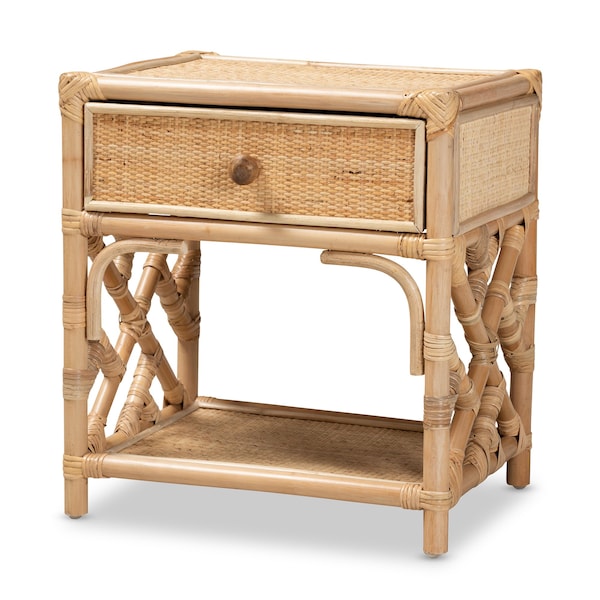 Baxton Studio Camara Modern Bohemian Natural Brown Rattan 1-Drawer Nightstand - 208-12689