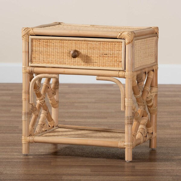 Baxton Studio Camara Modern Bohemian Natural Brown Rattan 1-Drawer Nightstand - 208-12689