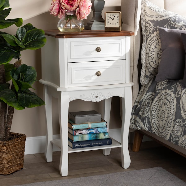 Baxton Studio Darla French White and Cherry Brown Finished Wood 2-Drawer Nightstand - 165-10695