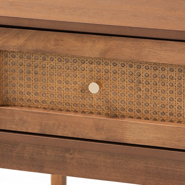 Baxton Studio Ramiel MidCentury Modern Ash Walnut Finished Wood and Rattan 1Drawer Nightstand - 215-12425-ZORO