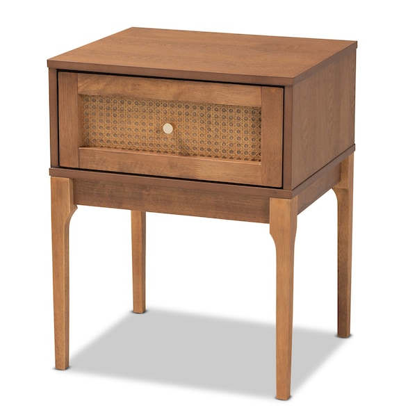 Baxton Studio Ramiel MidCentury Modern Ash Walnut Finished Wood and Rattan 1Drawer Nightstand - 215-12425-ZORO