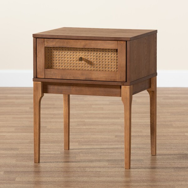 Baxton Studio Ramiel MidCentury Modern Ash Walnut Finished Wood and Rattan 1Drawer Nightstand - 215-12425-ZORO