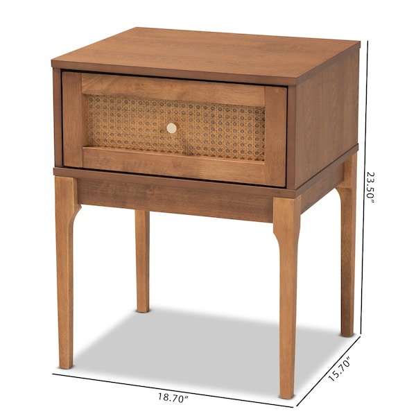 Baxton Studio Ramiel MidCentury Modern Ash Walnut Finished Wood and Rattan 1Drawer Nightstand - 215-12425-ZORO