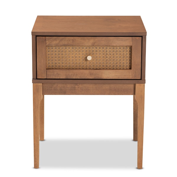 Baxton Studio Ramiel MidCentury Modern Ash Walnut Finished Wood and Rattan 1Drawer Nightstand - 215-12425-ZORO